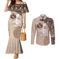 Tonga Ngatu Motifs Couples Matching Mermaid Dress and Long Sleeve Button Shirt With Coat Of Arms Beige LT05 Beige - Polynesian Pride