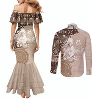 Tonga Ngatu Motifs Couples Matching Mermaid Dress and Long Sleeve Button Shirt With Coat Of Arms Beige LT05 - Polynesian Pride