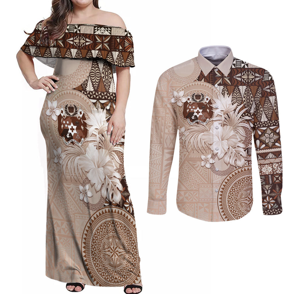 Tonga Ngatu Motifs Couples Matching Off Shoulder Maxi Dress and Long Sleeve Button Shirt With Coat Of Arms Beige
