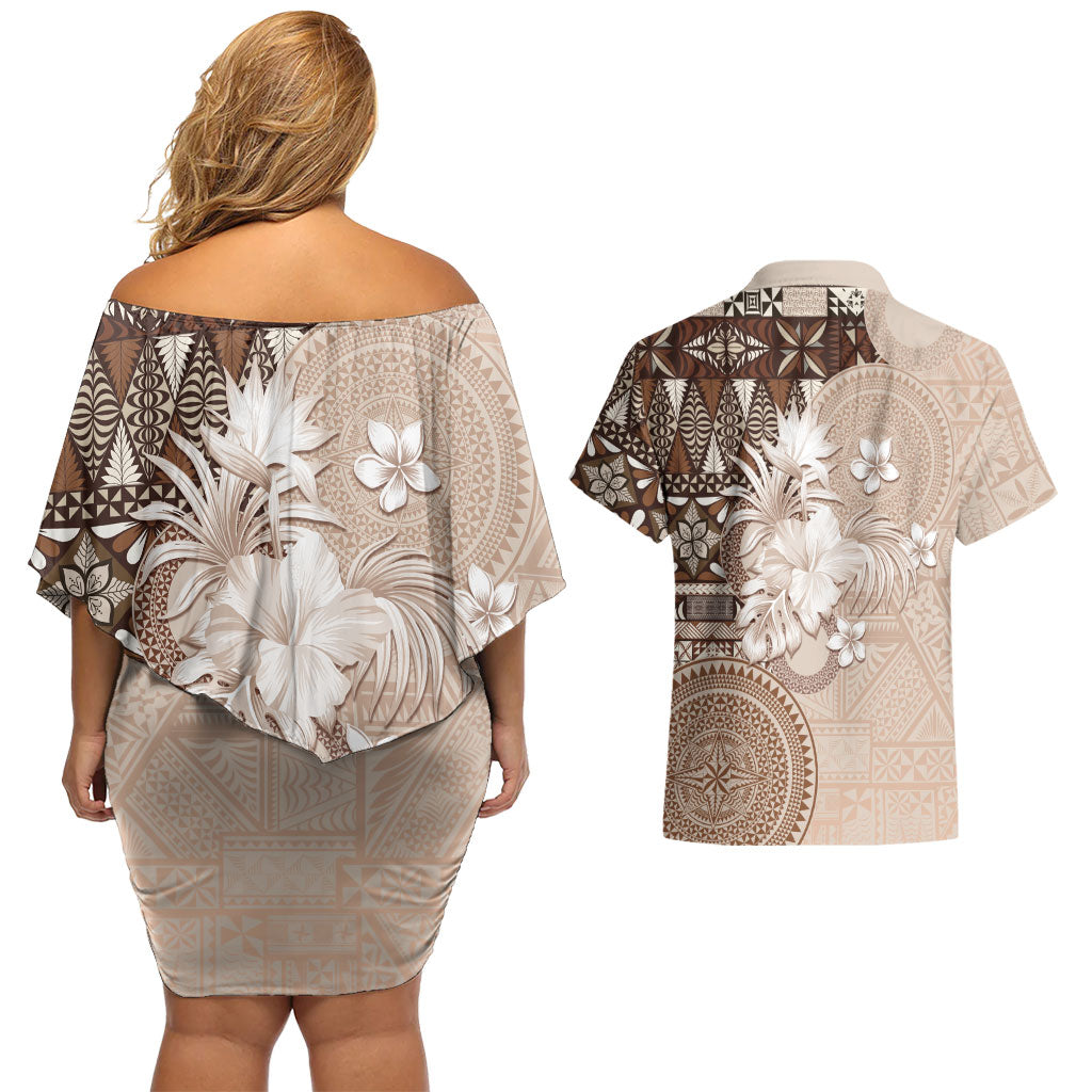 Tonga Ngatu Motifs Couples Matching Off Shoulder Short Dress and Hawaiian Shirt With Coat Of Arms Beige LT05 - Polynesian Pride