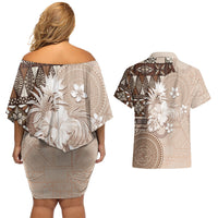 Tonga Ngatu Motifs Couples Matching Off Shoulder Short Dress and Hawaiian Shirt With Coat Of Arms Beige LT05 - Polynesian Pride