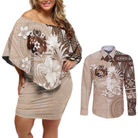 Tonga Ngatu Motifs Couples Matching Off Shoulder Short Dress and Long Sleeve Button Shirt With Coat Of Arms Beige LT05 Beige - Polynesian Pride