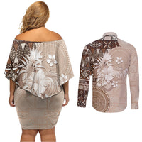 Tonga Ngatu Motifs Couples Matching Off Shoulder Short Dress and Long Sleeve Button Shirt With Coat Of Arms Beige LT05 - Polynesian Pride