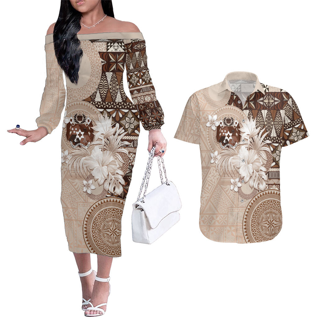 Tonga Ngatu Motifs Couples Matching Off The Shoulder Long Sleeve Dress and Hawaiian Shirt With Coat Of Arms Beige