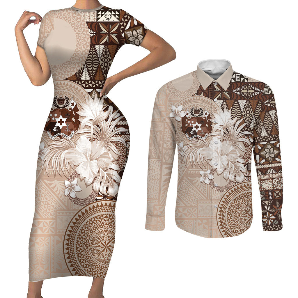 Tonga Ngatu Motifs Couples Matching Short Sleeve Bodycon Dress and Long Sleeve Button Shirt With Coat Of Arms Beige