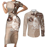 Tonga Ngatu Motifs Couples Matching Short Sleeve Bodycon Dress and Long Sleeve Button Shirt With Coat Of Arms Beige LT05 Beige - Polynesian Pride