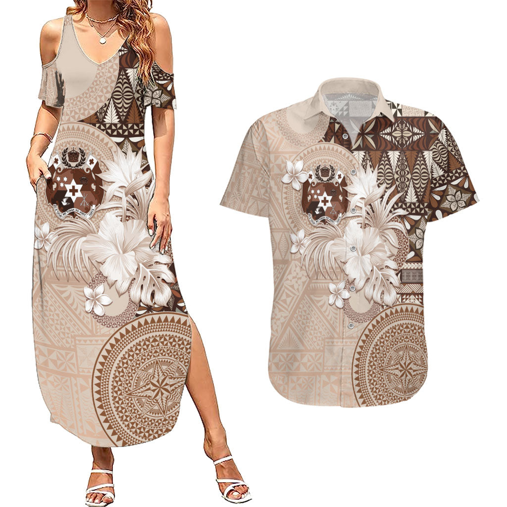 Tonga Ngatu Motifs Couples Matching Summer Maxi Dress and Hawaiian Shirt With Coat Of Arms Beige LT05 Beige - Polynesian Pride