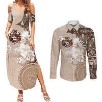 Tonga Ngatu Motifs Couples Matching Summer Maxi Dress and Long Sleeve Button Shirt With Coat Of Arms Beige LT05 Beige - Polynesian Pride