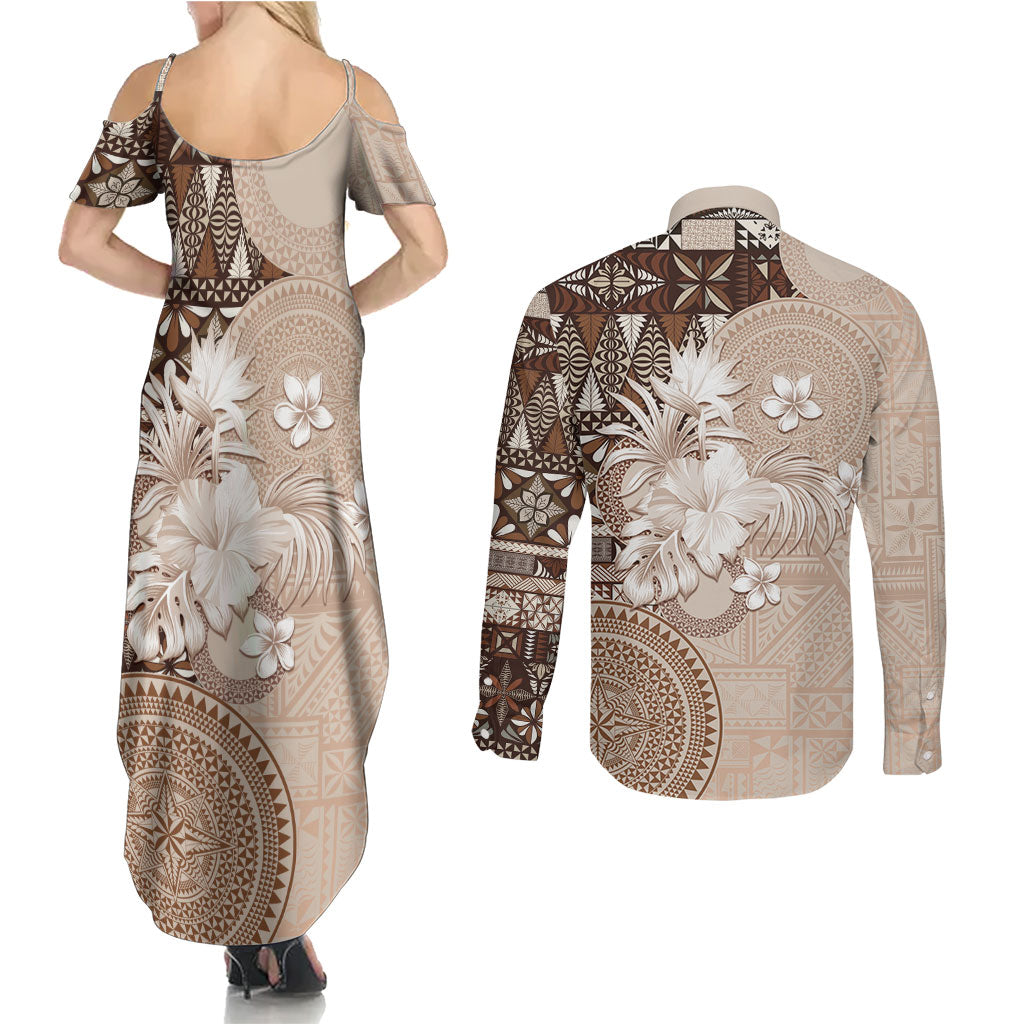 Tonga Ngatu Motifs Couples Matching Summer Maxi Dress and Long Sleeve Button Shirt With Coat Of Arms Beige LT05 - Polynesian Pride