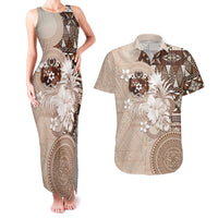 Tonga Ngatu Motifs Couples Matching Tank Maxi Dress and Hawaiian Shirt With Coat Of Arms Beige LT05 Beige - Polynesian Pride