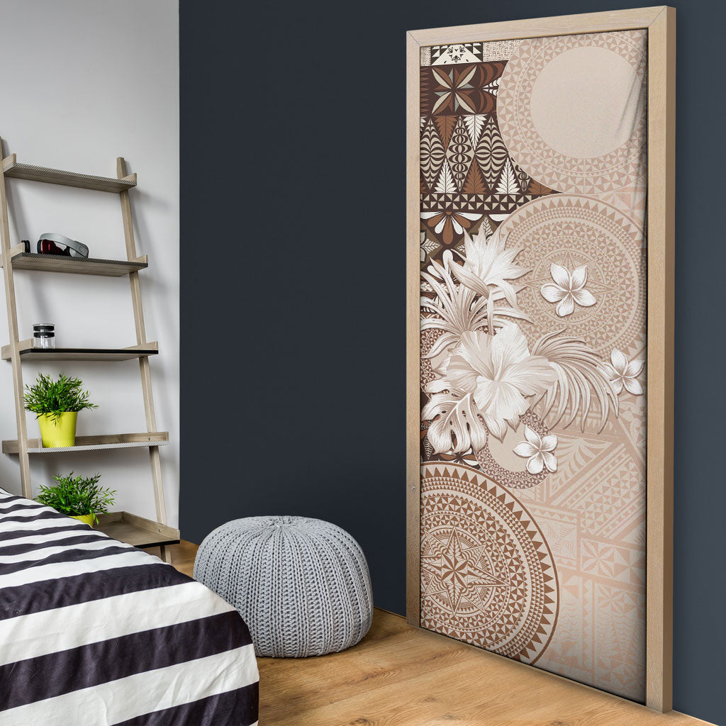 Tonga Ngatu Motifs Door Cover With Coat Of Arms Beige