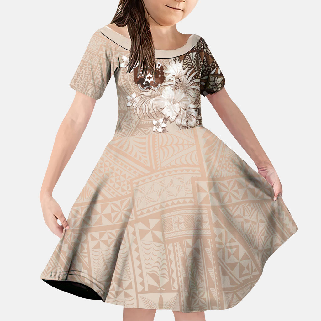 Tonga Ngatu Motifs Family Matching Long Sleeve Bodycon Dress and Hawaiian Shirt With Coat Of Arms Beige LT05 Daughter's Dress Beige - Polynesian Pride
