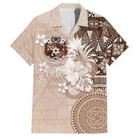 Tonga Ngatu Motifs Family Matching Long Sleeve Bodycon Dress and Hawaiian Shirt With Coat Of Arms Beige LT05 Dad's Shirt - Short Sleeve Beige - Polynesian Pride
