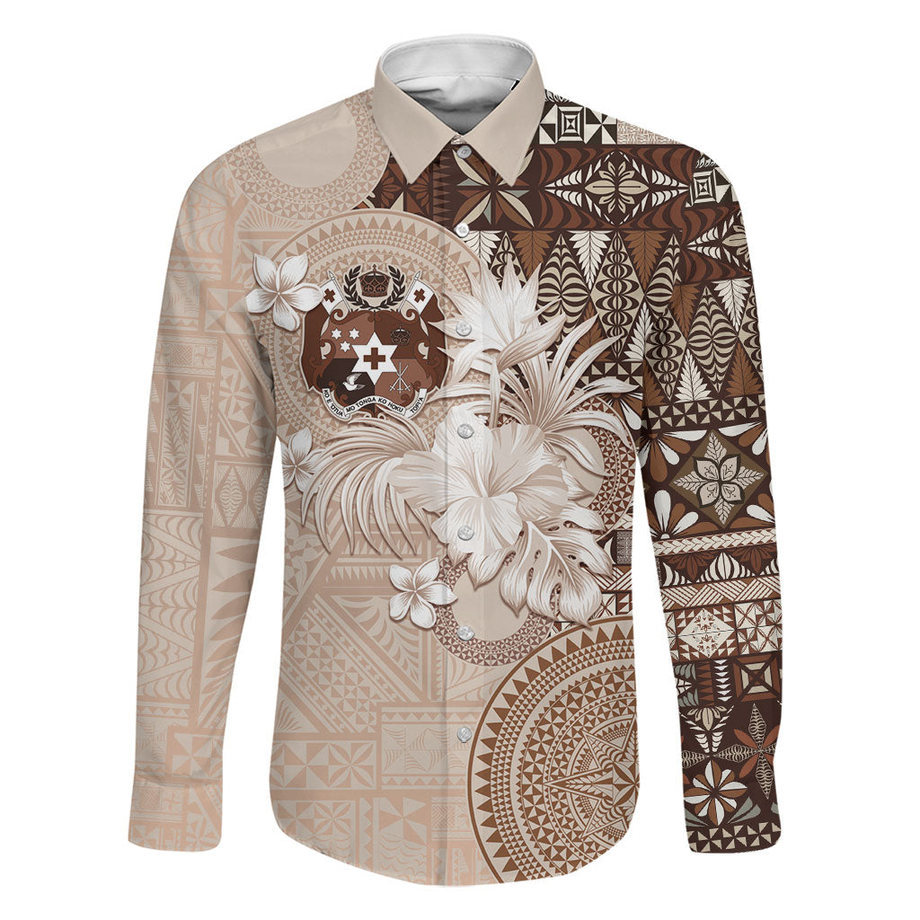 Tonga Ngatu Motifs Family Matching Long Sleeve Bodycon Dress and Hawaiian Shirt With Coat Of Arms Beige LT05 Dad's Shirt - Long Sleeve Beige - Polynesian Pride