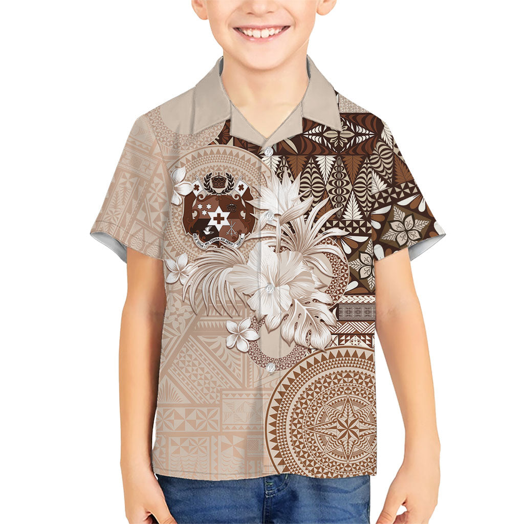 Tonga Ngatu Motifs Family Matching Long Sleeve Bodycon Dress and Hawaiian Shirt With Coat Of Arms Beige LT05 Son's Shirt Beige - Polynesian Pride