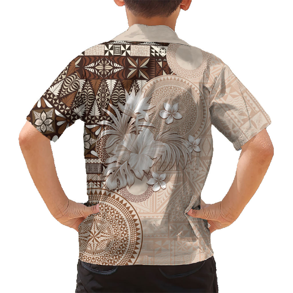 Tonga Ngatu Motifs Family Matching Off Shoulder Short Dress and Hawaiian Shirt With Coat Of Arms Beige LT05 - Polynesian Pride