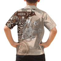 Tonga Ngatu Motifs Family Matching Off Shoulder Short Dress and Hawaiian Shirt With Coat Of Arms Beige LT05 - Polynesian Pride