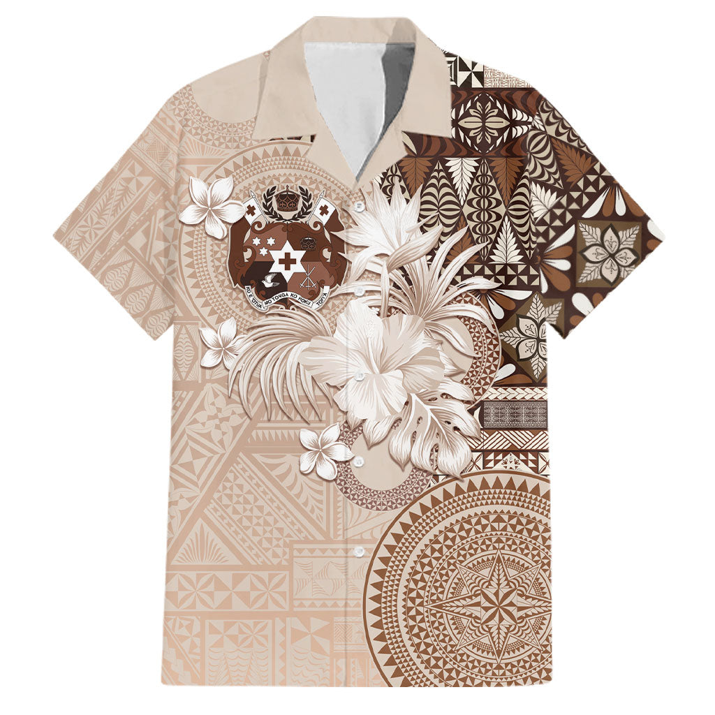 Tonga Ngatu Motifs Family Matching Off Shoulder Short Dress and Hawaiian Shirt With Coat Of Arms Beige LT05 Dad's Shirt - Short Sleeve Beige - Polynesian Pride