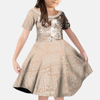 Tonga Ngatu Motifs Family Matching Puletasi and Hawaiian Shirt With Coat Of Arms Beige LT05 Daughter's Dress Beige - Polynesian Pride