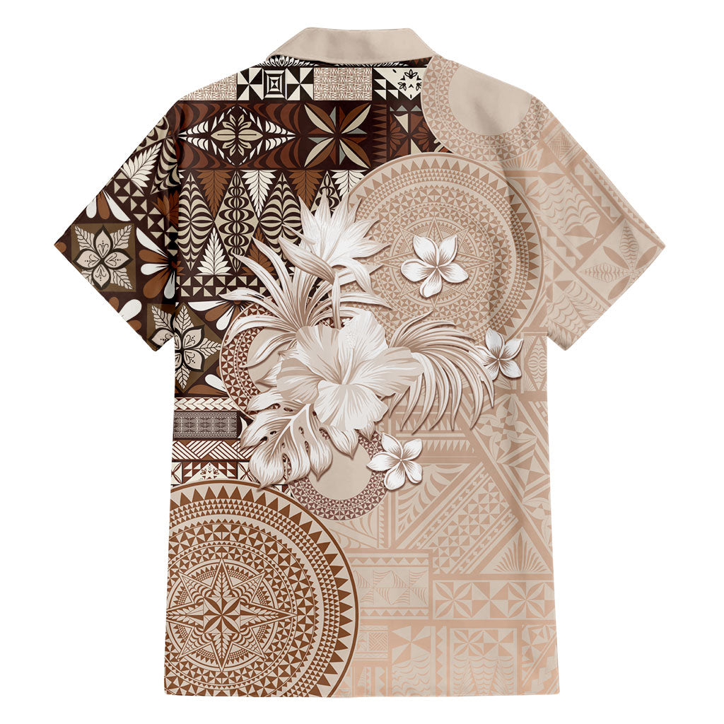 Tonga Ngatu Motifs Family Matching Puletasi and Hawaiian Shirt With Coat Of Arms Beige LT05 - Polynesian Pride