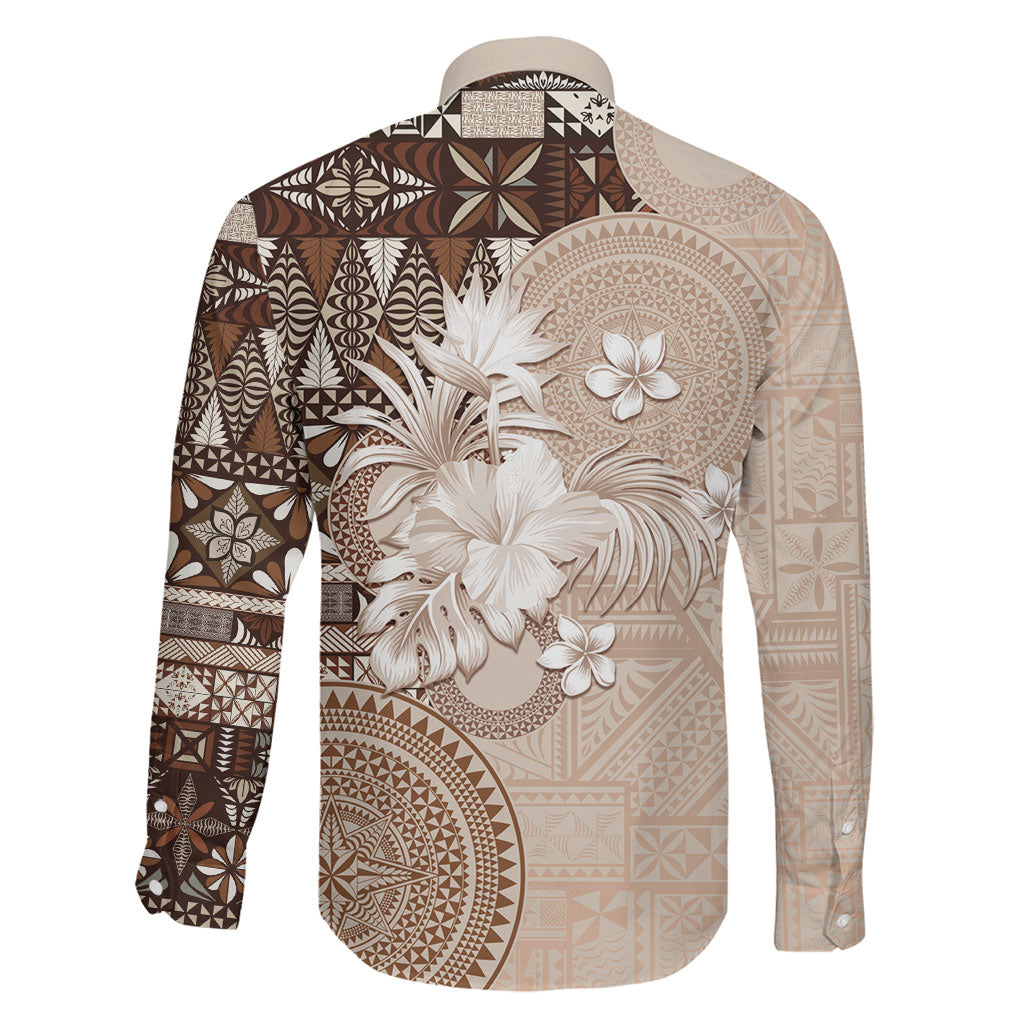 Tonga Ngatu Motifs Family Matching Tank Maxi Dress and Hawaiian Shirt With Coat Of Arms Beige LT05 - Polynesian Pride