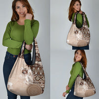 Tonga Ngatu Motifs Grocery Bag With Coat Of Arms Beige