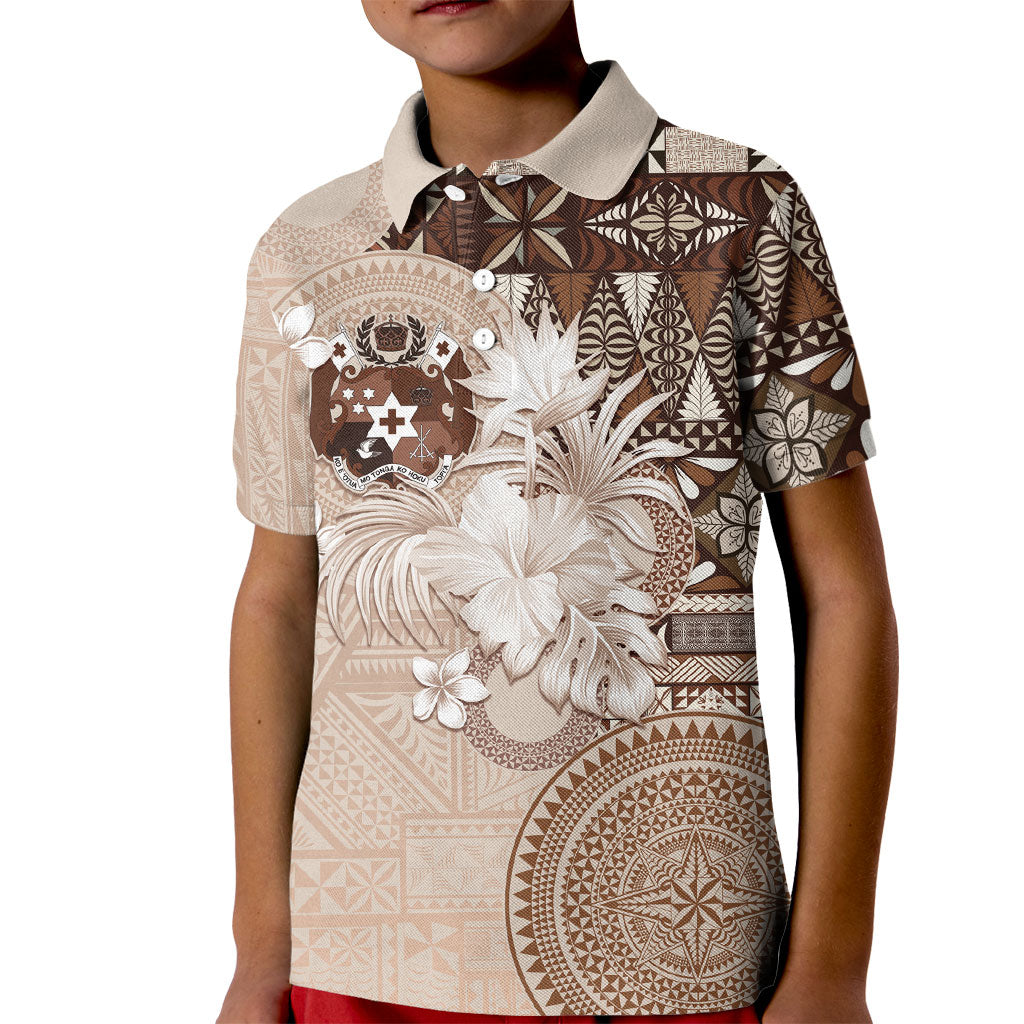 Tonga Ngatu Motifs Kid Polo Shirt With Coat Of Arms Beige