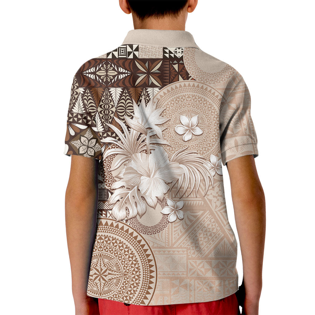 Tonga Ngatu Motifs Kid Polo Shirt With Coat Of Arms Beige