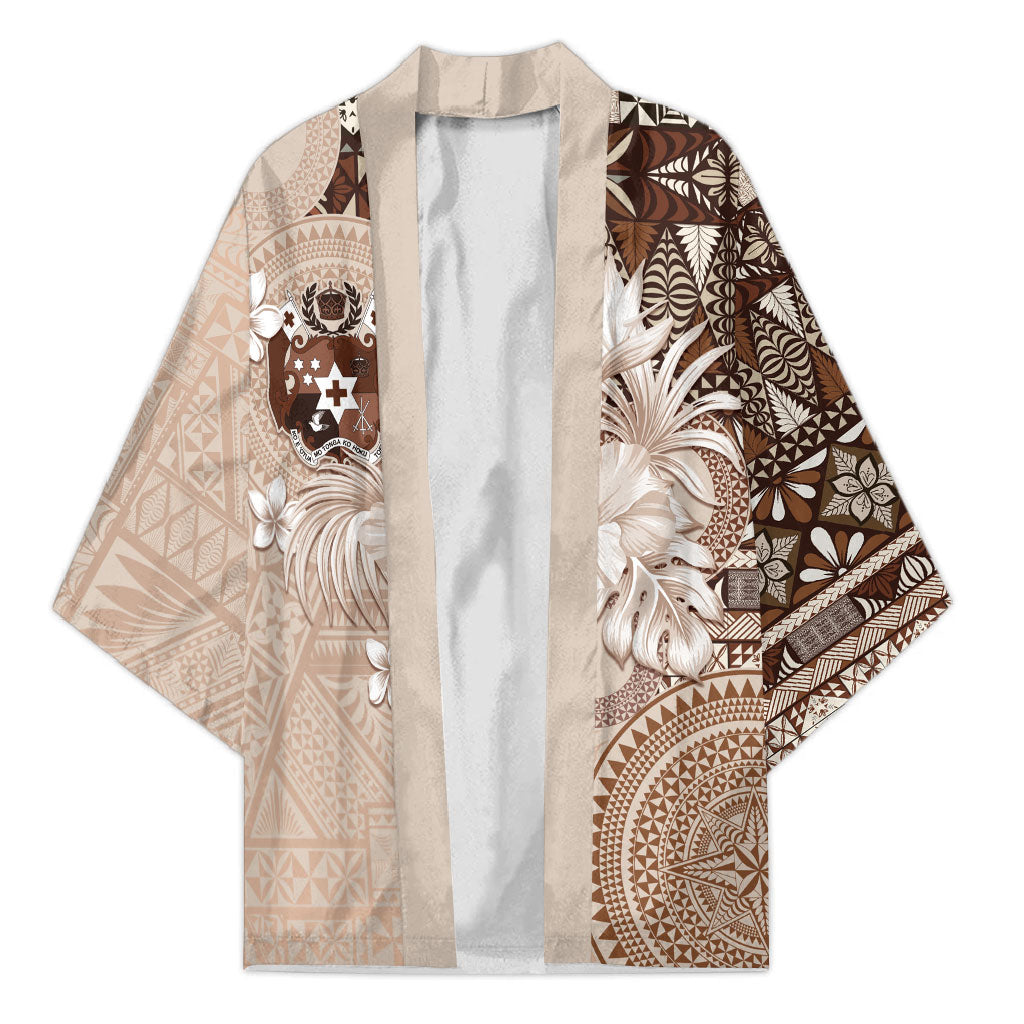 Tonga Ngatu Motifs Kimono With Coat Of Arms Beige