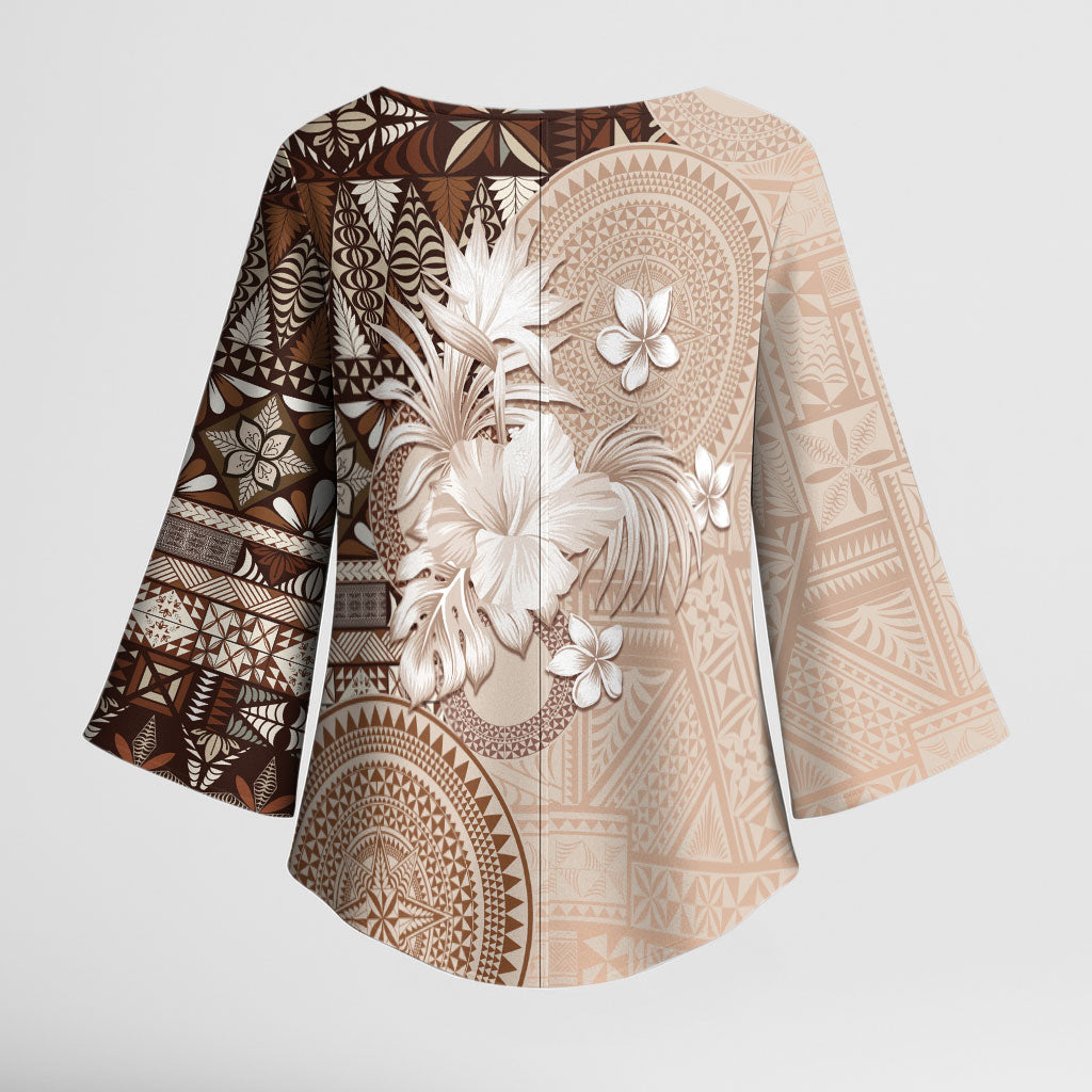 Tonga Ngatu Motifs Kimono Sleeve Blouse With Coat Of Arms Beige