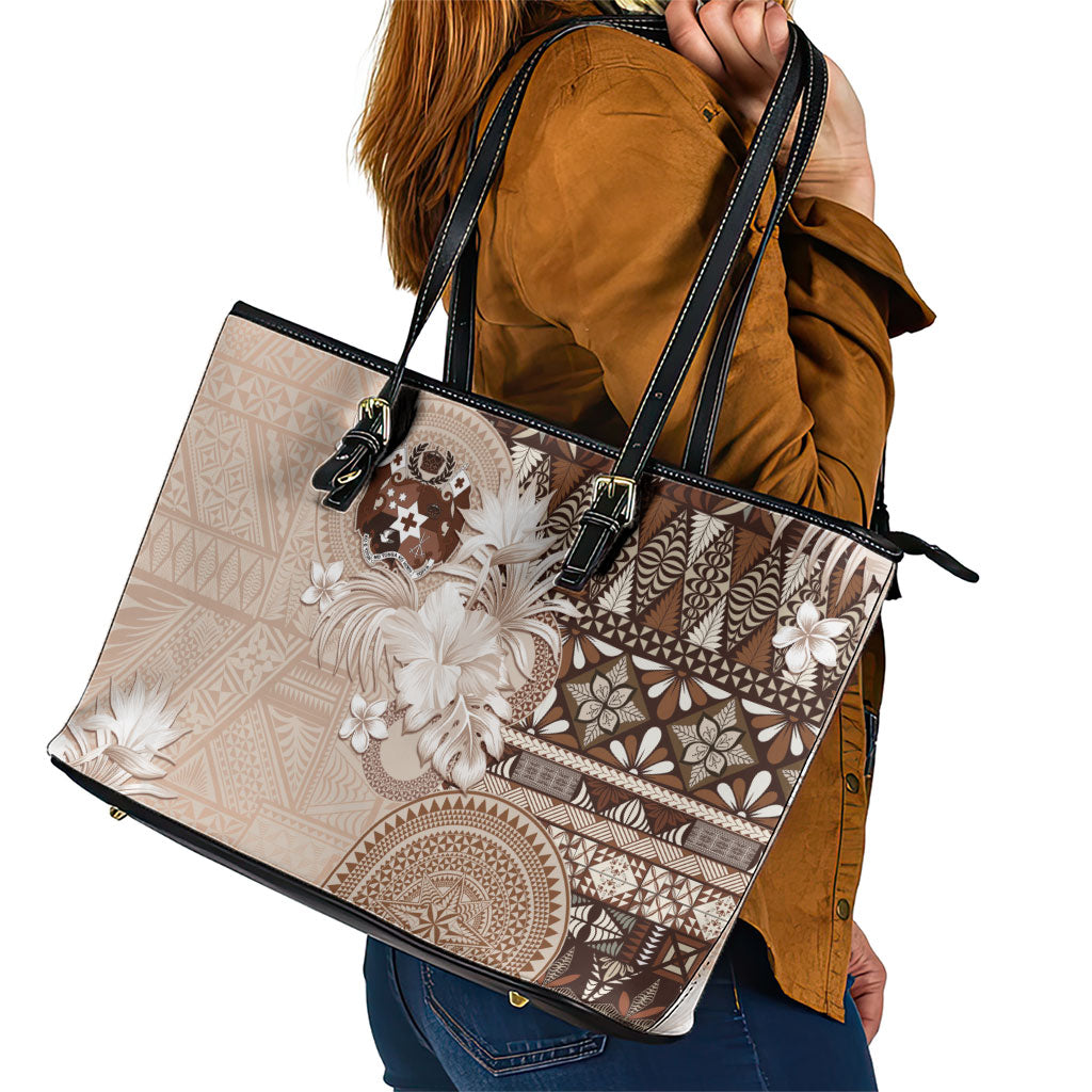 Tonga Ngatu Motifs Leather Tote Bag With Coat Of Arms Beige