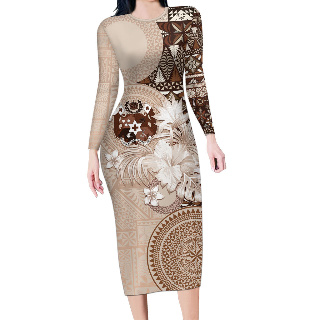 Tonga Ngatu Motifs Long Sleeve Bodycon Dress With Coat Of Arms Beige LT05 Long Dress Beige - Polynesian Pride