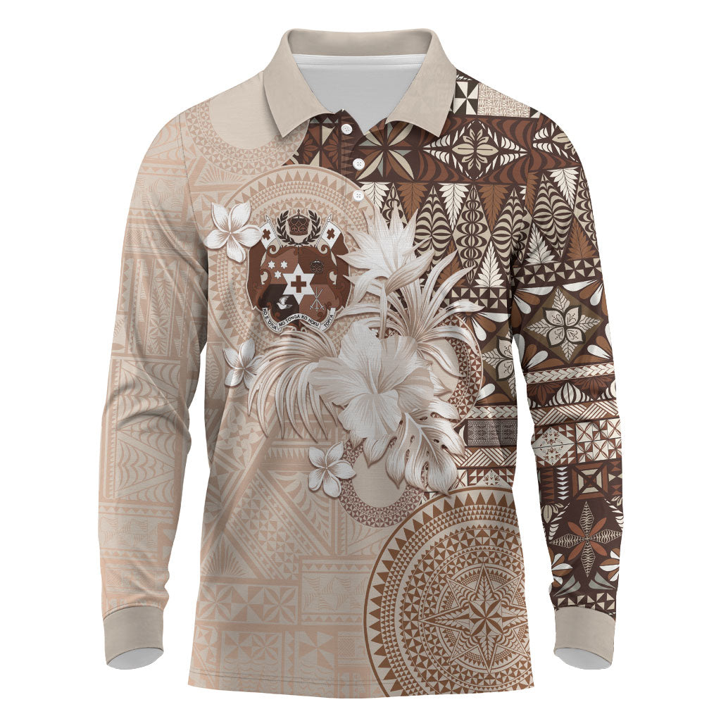 Tonga Ngatu Motifs Long Sleeve Polo Shirt With Coat Of Arms Beige LT05 Beige - Polynesian Pride