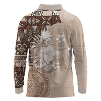 Tonga Ngatu Motifs Long Sleeve Polo Shirt With Coat Of Arms Beige LT05 - Polynesian Pride