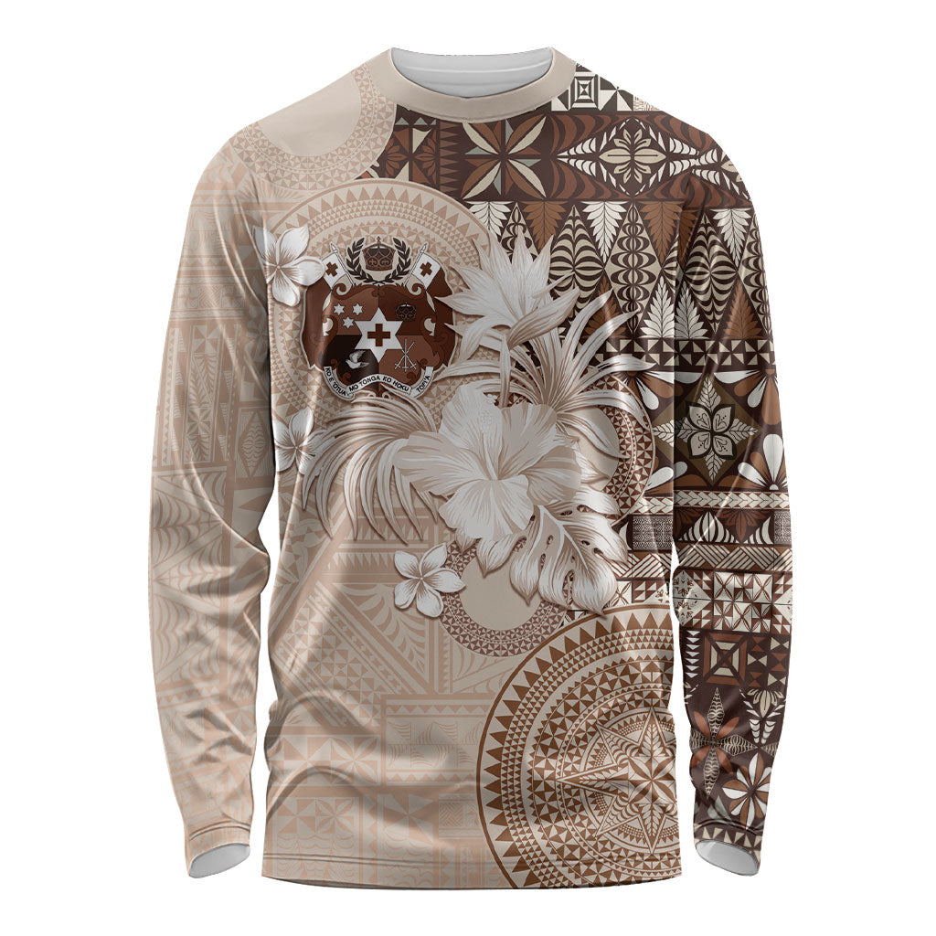 Tonga Ngatu Motifs Long Sleeve Shirt With Coat Of Arms Beige