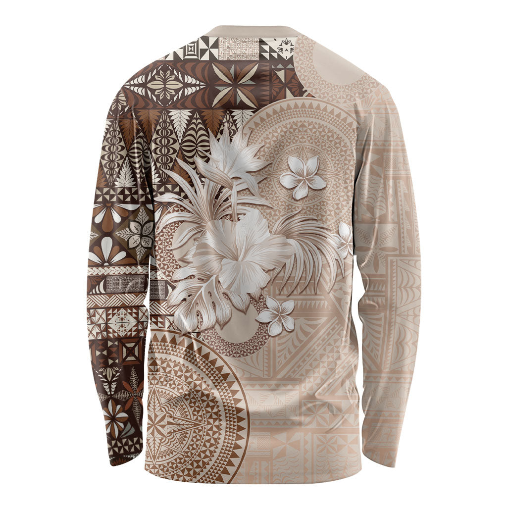 Tonga Ngatu Motifs Long Sleeve Shirt With Coat Of Arms Beige