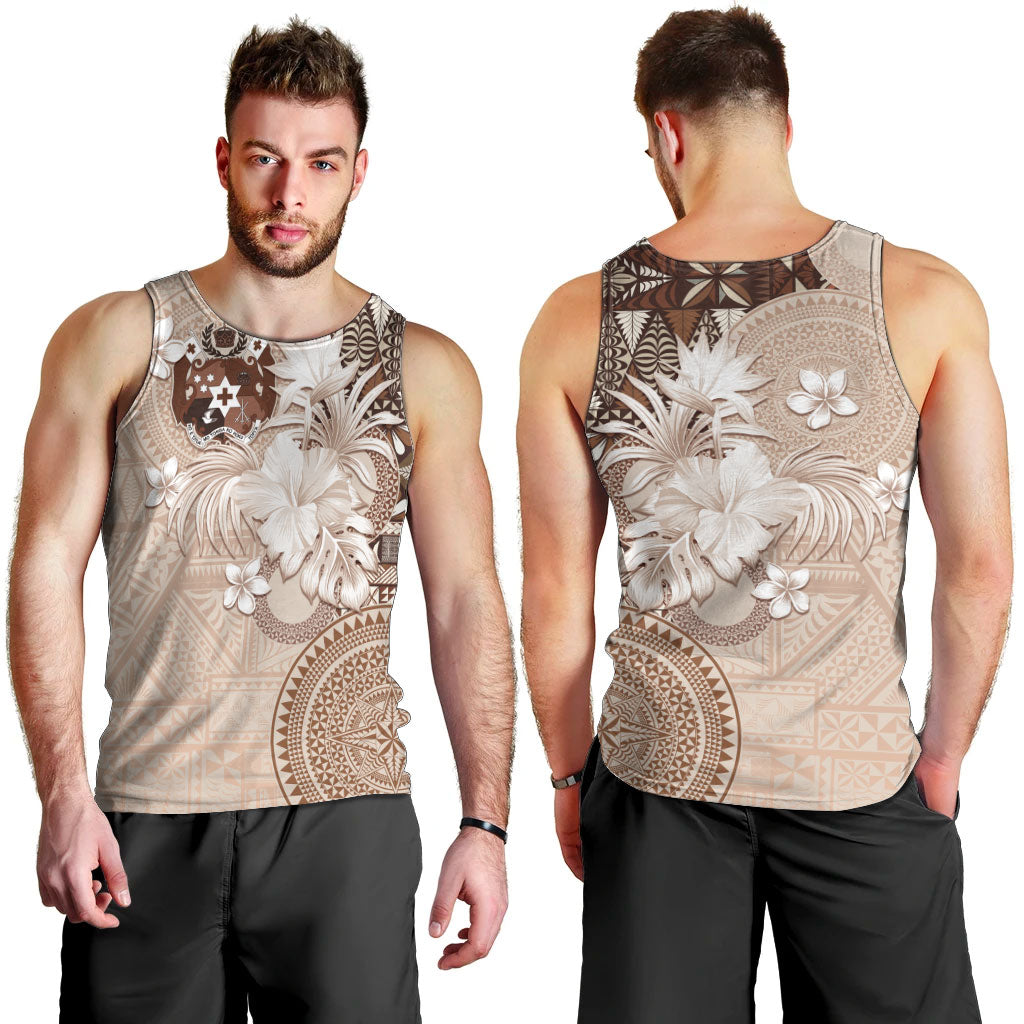 Tonga Ngatu Motifs Men Tank Top With Coat Of Arms Beige
