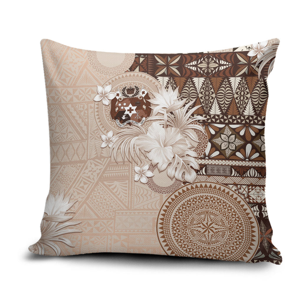 Tonga Ngatu Motifs Pillow Cover With Coat Of Arms Beige LT05 Beige - Polynesian Pride