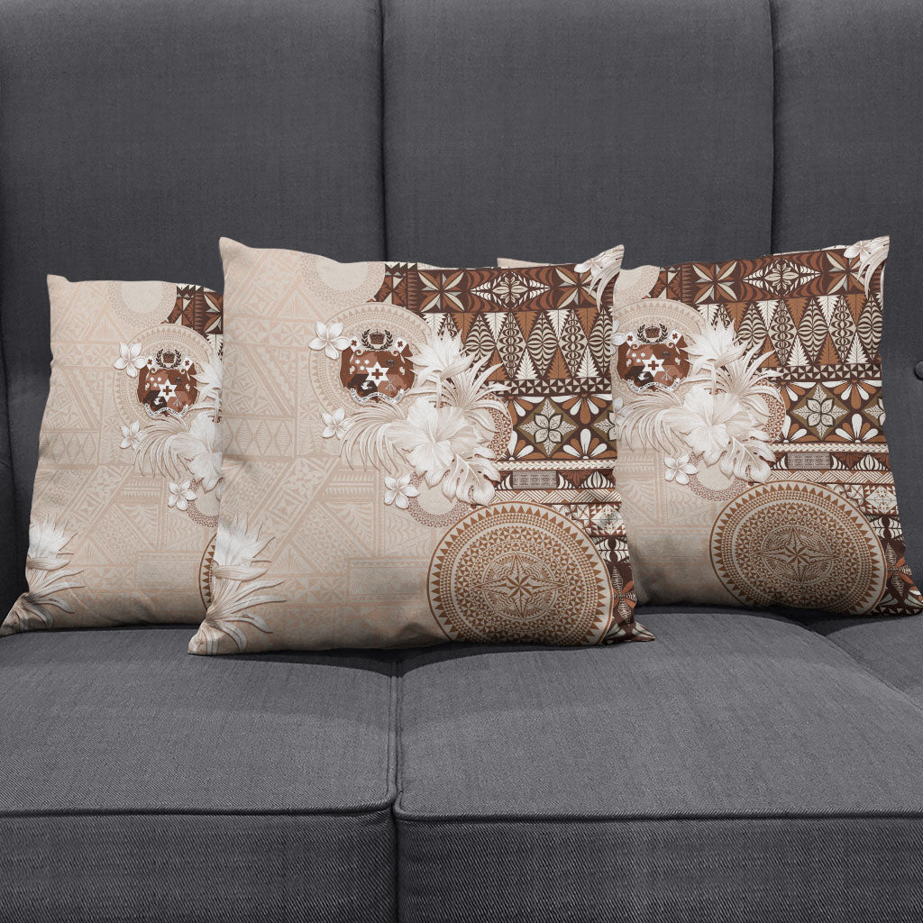 Tonga Ngatu Motifs Pillow Cover With Coat Of Arms Beige LT05 - Polynesian Pride