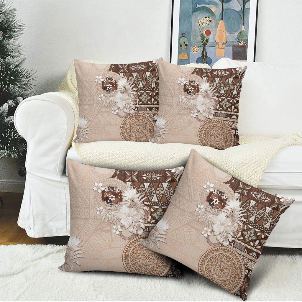 Tonga Ngatu Motifs Pillow Cover With Coat Of Arms Beige LT05 - Polynesian Pride
