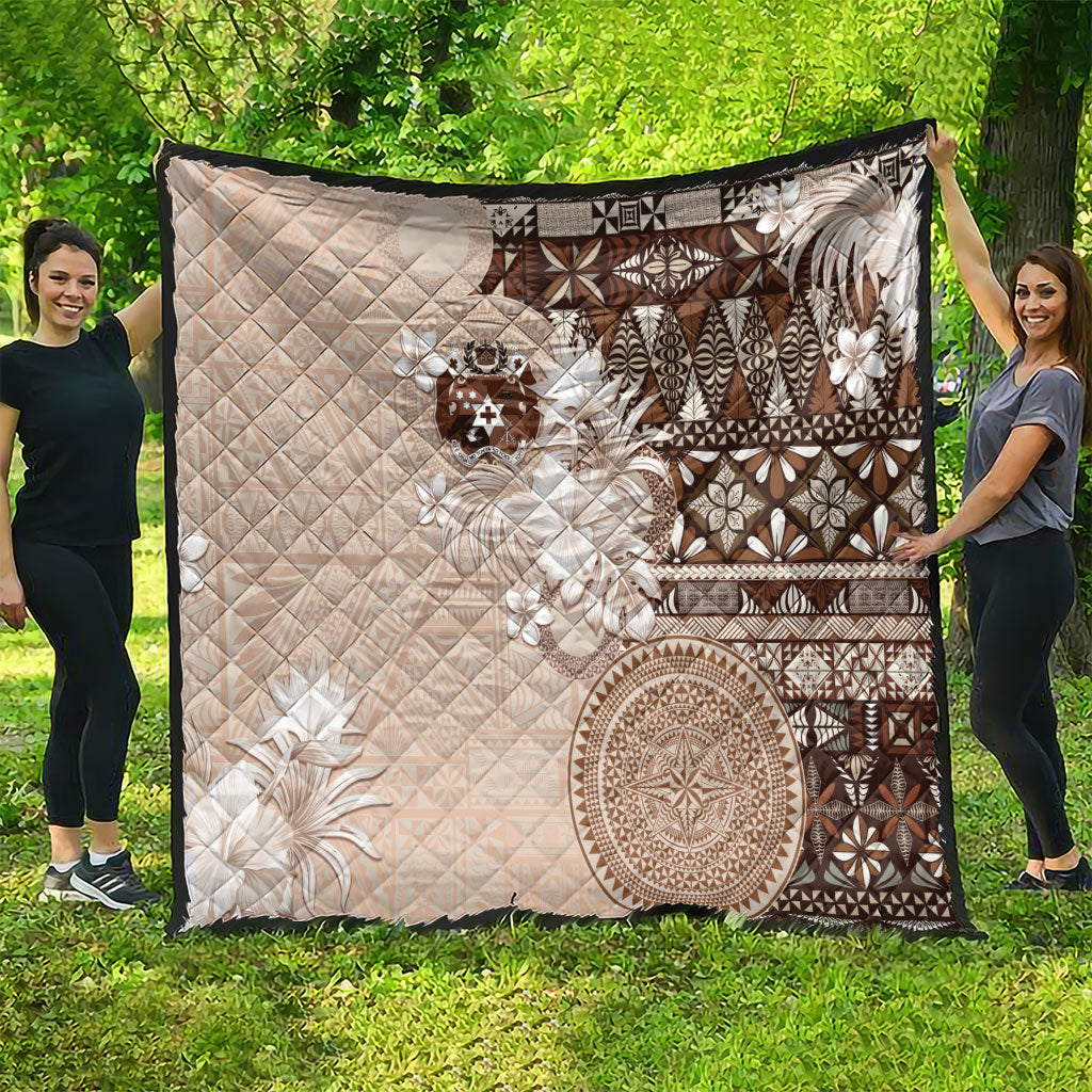 Tonga Ngatu Motifs Quilt With Coat Of Arms Beige