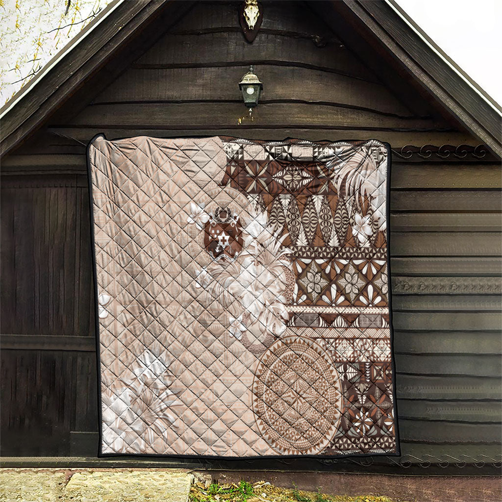 Tonga Ngatu Motifs Quilt With Coat Of Arms Beige
