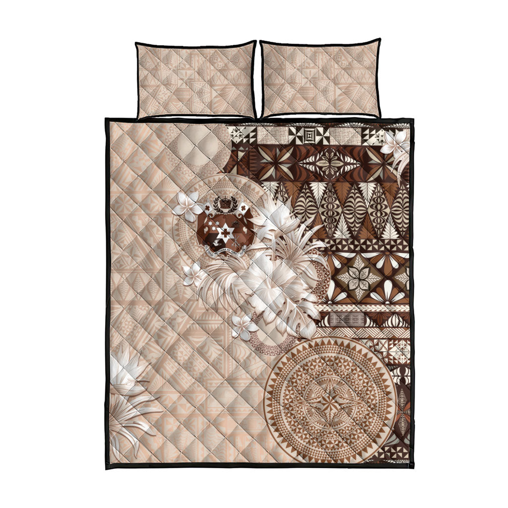 Tonga Ngatu Motifs Quilt Bed Set With Coat Of Arms Beige