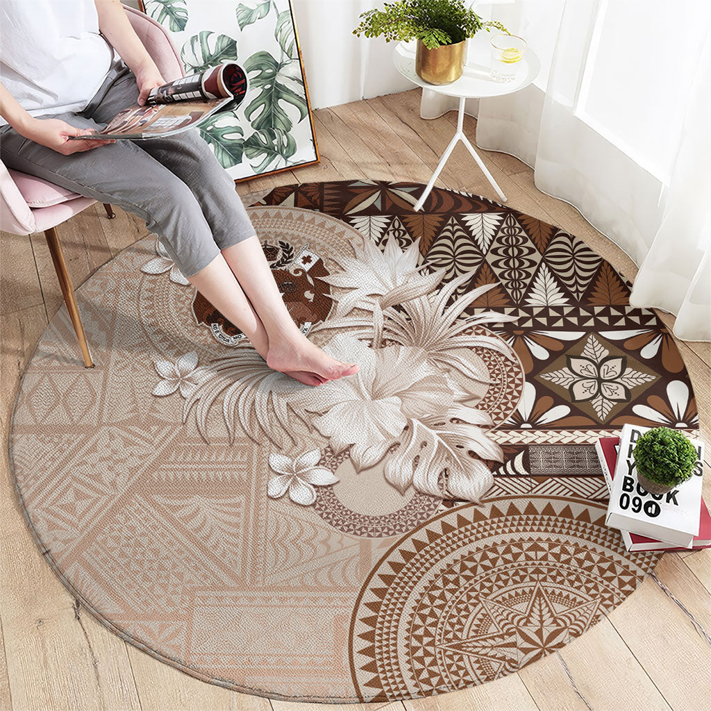 Tonga Ngatu Motifs Round Carpet With Coat Of Arms Beige LT05 - Polynesian Pride