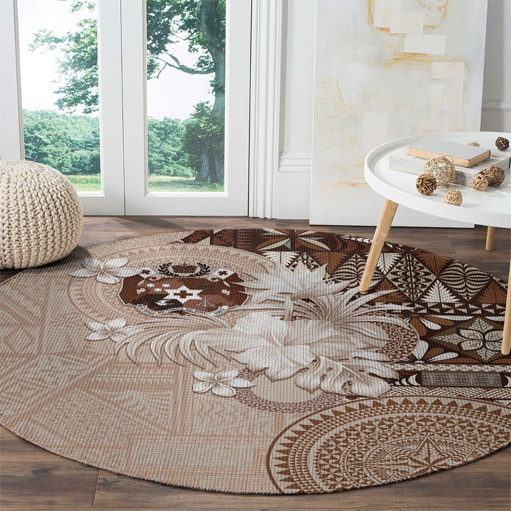 Tonga Ngatu Motifs Round Carpet With Coat Of Arms Beige LT05 - Polynesian Pride