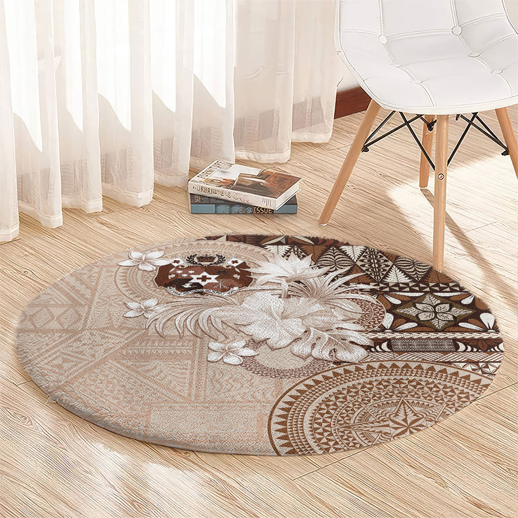 Tonga Ngatu Motifs Round Carpet With Coat Of Arms Beige LT05 - Polynesian Pride