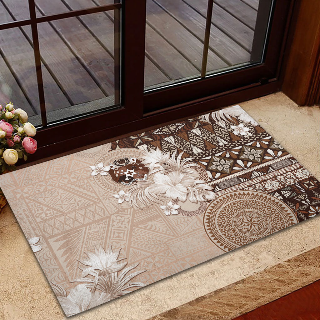 Tonga Ngatu Motifs Rubber Doormat With Coat Of Arms Beige