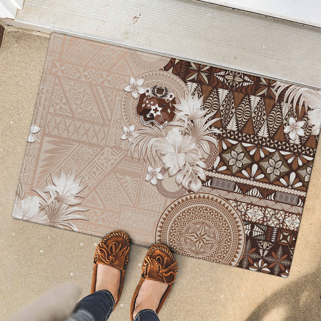 Tonga Ngatu Motifs Rubber Doormat With Coat Of Arms Beige