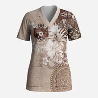 Tonga Ngatu Motifs Scrub Top With Coat Of Arms Beige