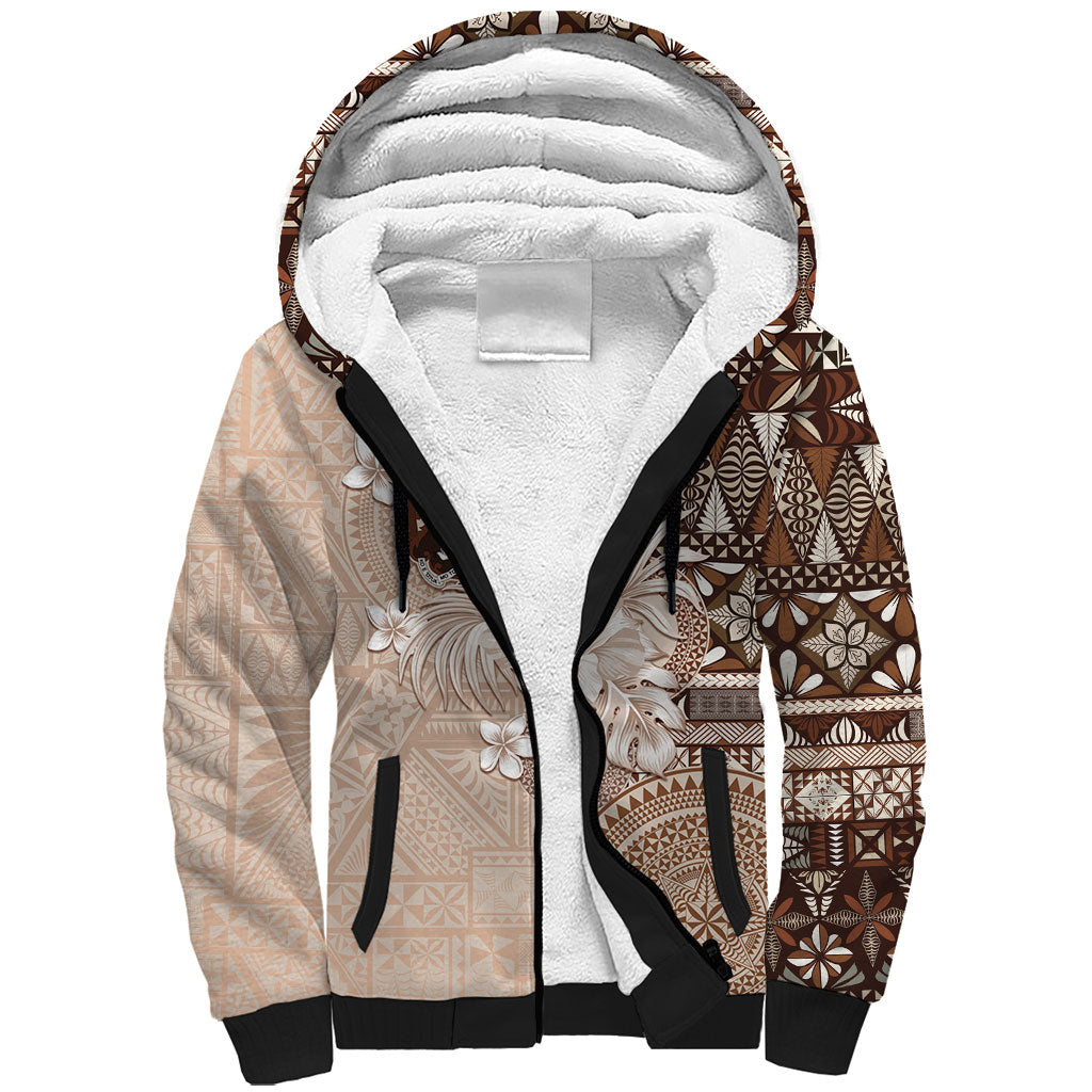 Tonga Ngatu Motifs Sherpa Hoodie With Coat Of Arms Beige
